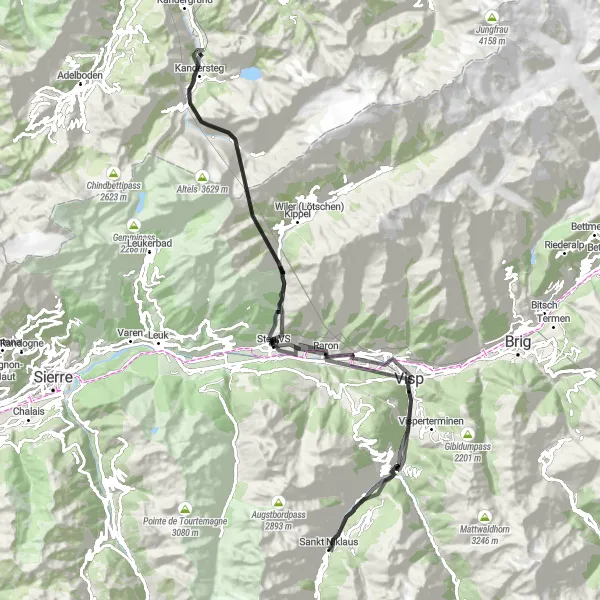 Miniatuurkaart van de fietsinspiratie "Sankt Niklaus - Kandersteg - Sankt Niklaus" in Région lémanique, Switzerland. Gemaakt door de Tarmacs.app fietsrouteplanner