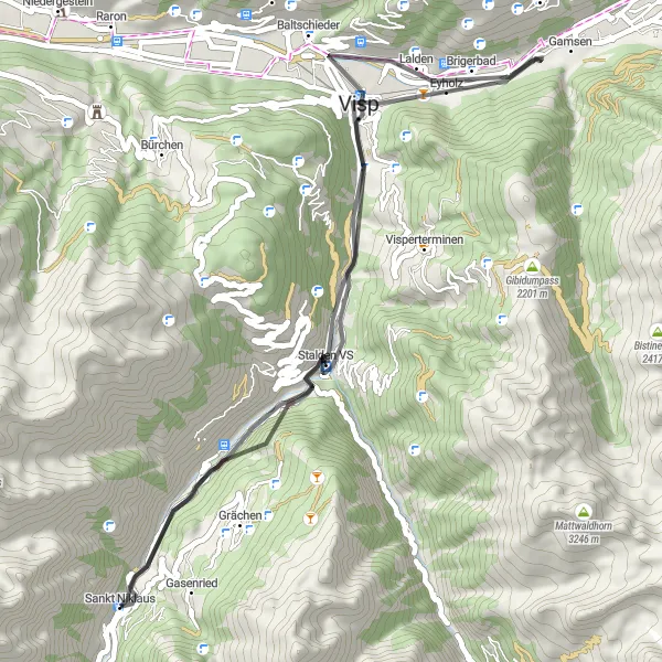 Karttaminiaatyyri "Sankt Niklaus - Brigerbad Scenic Route" pyöräilyinspiraatiosta alueella Région lémanique, Switzerland. Luotu Tarmacs.app pyöräilyreittisuunnittelijalla