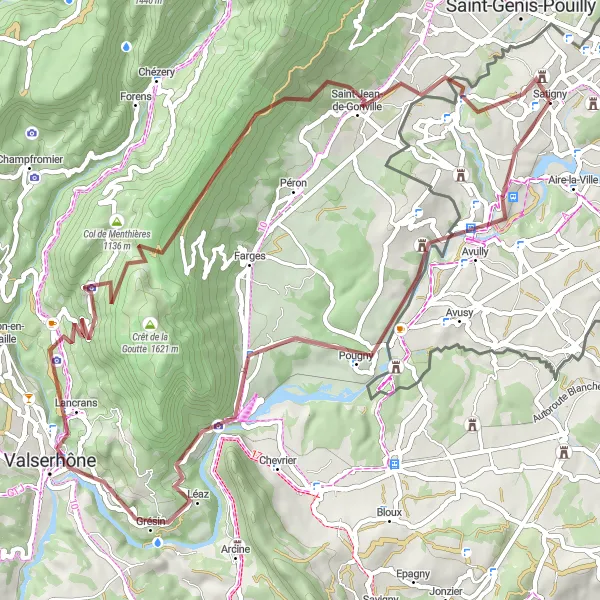 Map miniature of "The Gravel Grind of Satigny" cycling inspiration in Région lémanique, Switzerland. Generated by Tarmacs.app cycling route planner