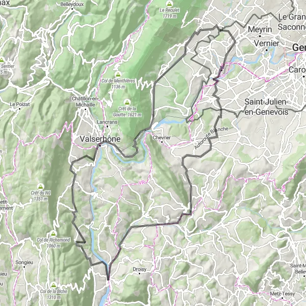 Map miniature of "Satigny to Château Choully via Observatoire 'Castor'" cycling inspiration in Région lémanique, Switzerland. Generated by Tarmacs.app cycling route planner