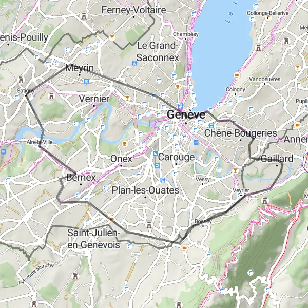 Zemljevid v pomanjšavi "Kolesarska pot do Satigny po cesti" kolesarske inspiracije v Région lémanique, Switzerland. Generirano z načrtovalcem kolesarskih poti Tarmacs.app
