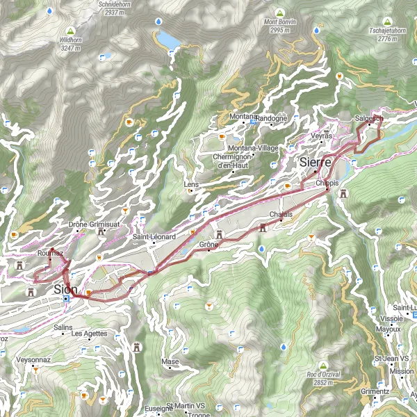 Miniaturní mapa "Gravelová cesta Savièse kolem Mont d'Orge" inspirace pro cyklisty v oblasti Région lémanique, Switzerland. Vytvořeno pomocí plánovače tras Tarmacs.app