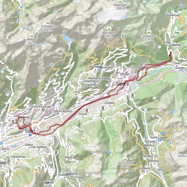 Miniatura della mappa di ispirazione al ciclismo "Giro in Gravel intorno a Savièse" nella regione di Région lémanique, Switzerland. Generata da Tarmacs.app, pianificatore di rotte ciclistiche