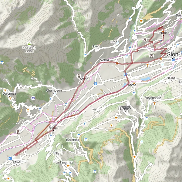 Map miniature of "Savièse Gravel Excursion" cycling inspiration in Région lémanique, Switzerland. Generated by Tarmacs.app cycling route planner
