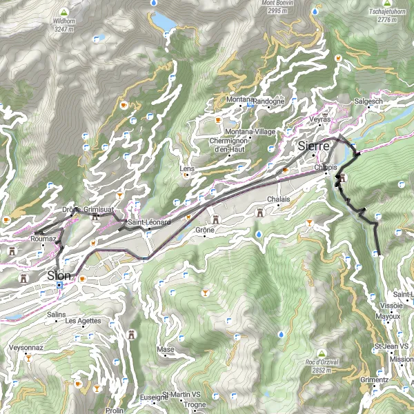 Karttaminiaatyyri "Savièse - Sion Road Cycling Adventure" pyöräilyinspiraatiosta alueella Région lémanique, Switzerland. Luotu Tarmacs.app pyöräilyreittisuunnittelijalla