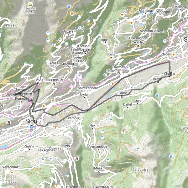 Zemljevid v pomanjšavi "Savièse - Grône - Château de Tourbillon - Savièse" kolesarske inspiracije v Région lémanique, Switzerland. Generirano z načrtovalcem kolesarskih poti Tarmacs.app