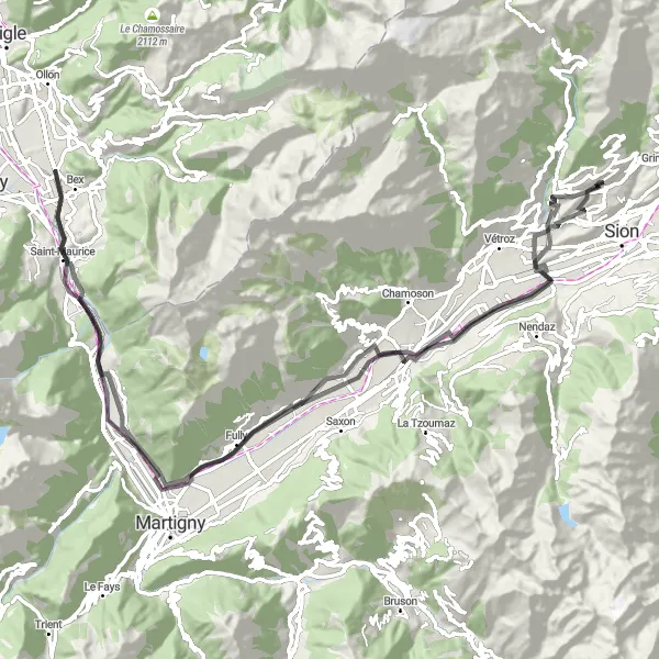 Miniaturní mapa "Silniční trasa kolem Savièse" inspirace pro cyklisty v oblasti Région lémanique, Switzerland. Vytvořeno pomocí plánovače tras Tarmacs.app