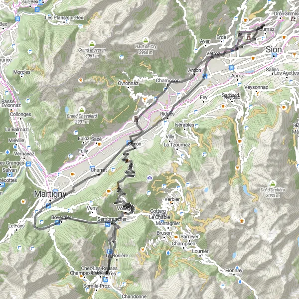 Map miniature of "Grand Tour around Savièse" cycling inspiration in Région lémanique, Switzerland. Generated by Tarmacs.app cycling route planner