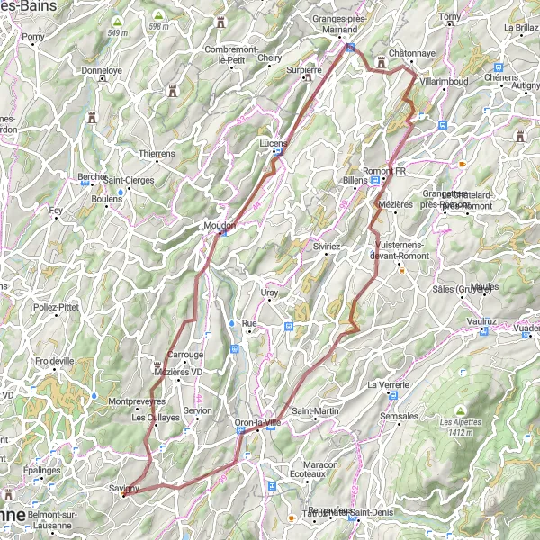 Map miniature of "Exploring the Gravel Roads of Moudon" cycling inspiration in Région lémanique, Switzerland. Generated by Tarmacs.app cycling route planner