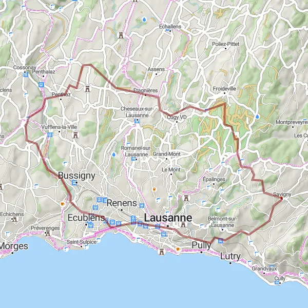 Miniatura della mappa di ispirazione al ciclismo "Corsa avventurosa da Lausanne a Froideville" nella regione di Région lémanique, Switzerland. Generata da Tarmacs.app, pianificatore di rotte ciclistiche