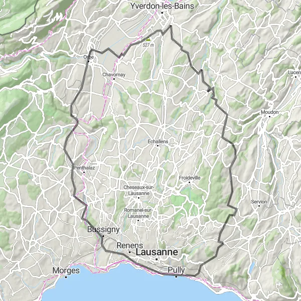 Miniaturní mapa "Hravá cyklotrasa přes Orbe" inspirace pro cyklisty v oblasti Région lémanique, Switzerland. Vytvořeno pomocí plánovače tras Tarmacs.app