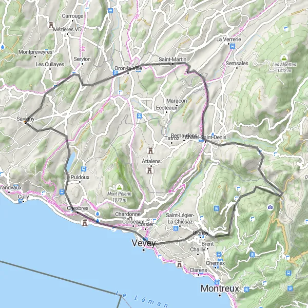 Miniatura della mappa di ispirazione al ciclismo "Tra vigneti e colline del Lago Lemano" nella regione di Région lémanique, Switzerland. Generata da Tarmacs.app, pianificatore di rotte ciclistiche