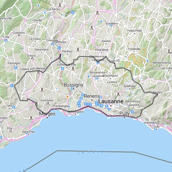 Mapa miniatúra "Cyklotrasa okolo Région lémanique" cyklistická inšpirácia v Région lémanique, Switzerland. Vygenerované cyklistickým plánovačom trás Tarmacs.app