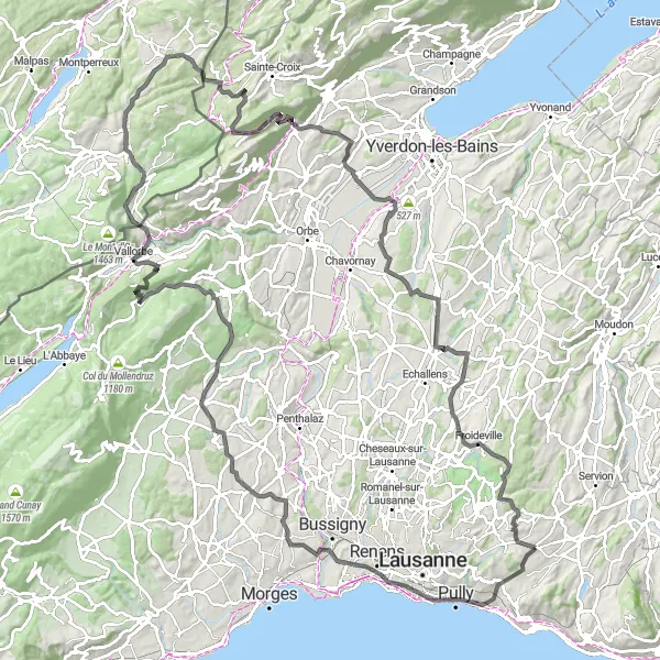 Zemljevid v pomanjšavi "Kolesarska pot okoli Région lémanique" kolesarske inspiracije v Région lémanique, Switzerland. Generirano z načrtovalcem kolesarskih poti Tarmacs.app