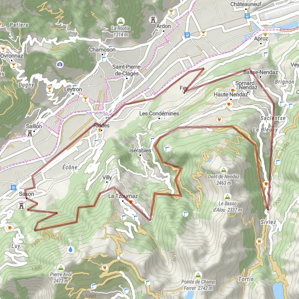 Karttaminiaatyyri "Nendaz ja ympäröivät maisemat" pyöräilyinspiraatiosta alueella Région lémanique, Switzerland. Luotu Tarmacs.app pyöräilyreittisuunnittelijalla