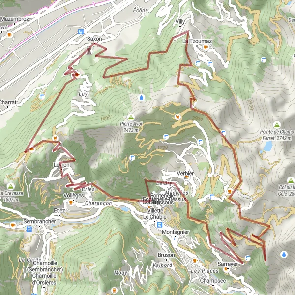 Miniature de la carte de l'inspiration cycliste "Les Montagnes de Saxon" dans la Région lémanique, Switzerland. Générée par le planificateur d'itinéraire cycliste Tarmacs.app