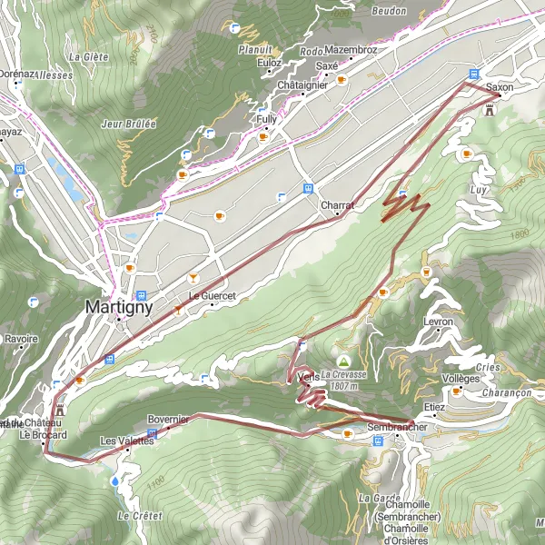 Miniaturekort af cykelinspirationen "Gruscykelrute fra og til Saxon" i Région lémanique, Switzerland. Genereret af Tarmacs.app cykelruteplanlægger