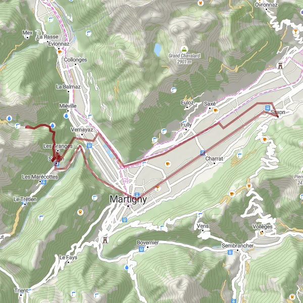 Miniature de la carte de l'inspiration cycliste "Les vignobles de Saxon" dans la Région lémanique, Switzerland. Générée par le planificateur d'itinéraire cycliste Tarmacs.app