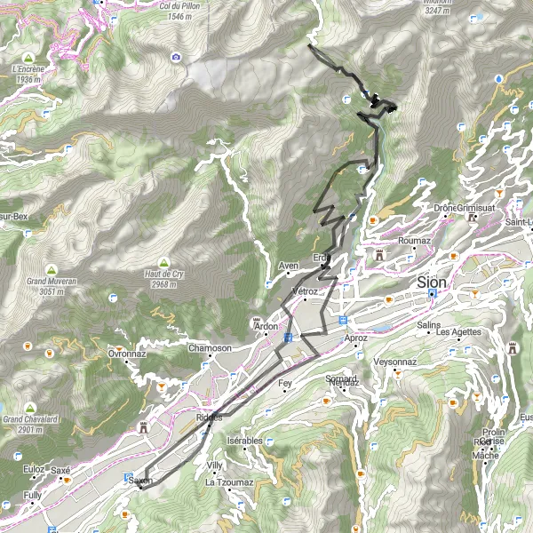 Zemljevid v pomanjšavi "Cycling Around Saxon" kolesarske inspiracije v Région lémanique, Switzerland. Generirano z načrtovalcem kolesarskih poti Tarmacs.app