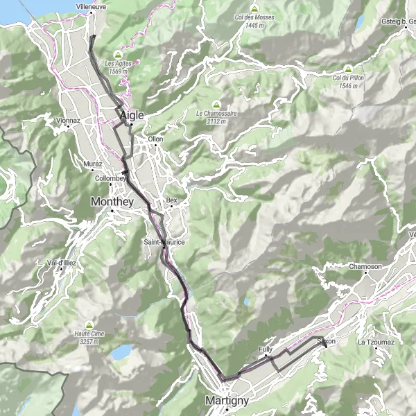 Map miniature of "Scenic Ride to Aigle" cycling inspiration in Région lémanique, Switzerland. Generated by Tarmacs.app cycling route planner