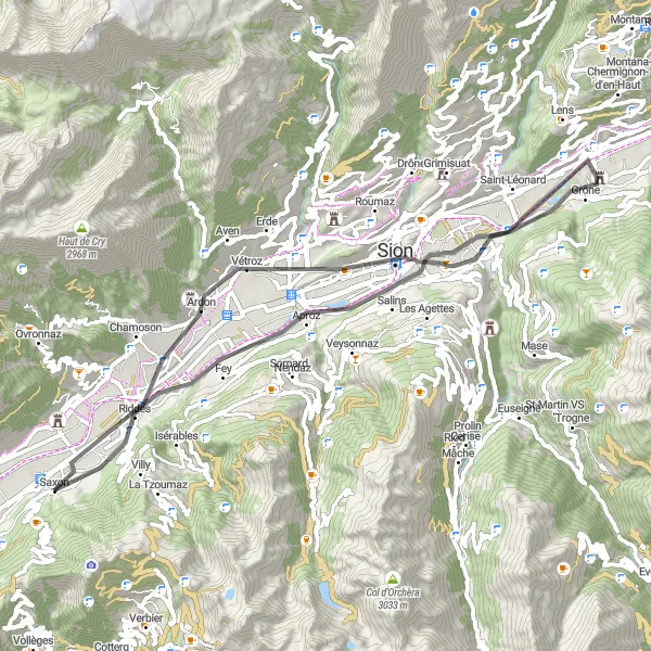 Miniaturekort af cykelinspirationen "Cykelrute gennem Vétroz og Salins" i Région lémanique, Switzerland. Genereret af Tarmacs.app cykelruteplanlægger