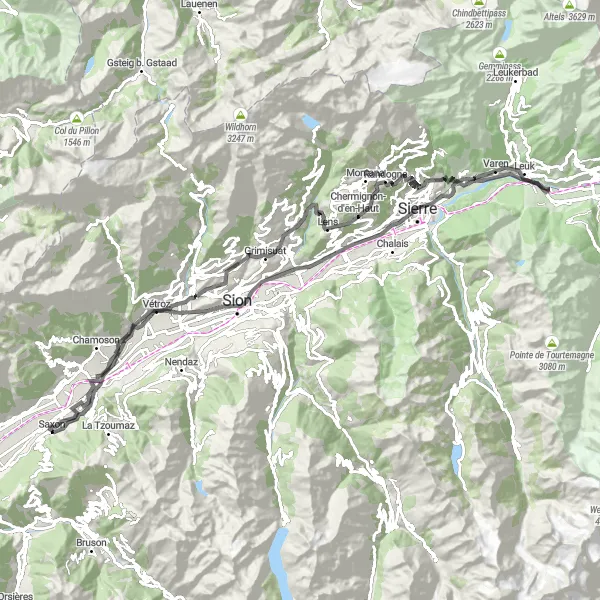 Mapa miniatúra "Road Route near Saxon" cyklistická inšpirácia v Région lémanique, Switzerland. Vygenerované cyklistickým plánovačom trás Tarmacs.app