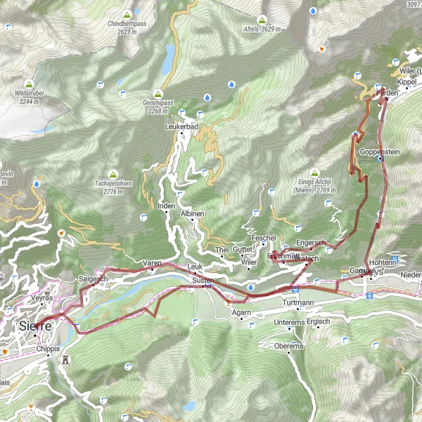 Miniatua del mapa de inspiración ciclista "Ruta de Grava por Faldumalp y Turtmann desde Sierre" en Région lémanique, Switzerland. Generado por Tarmacs.app planificador de rutas ciclistas