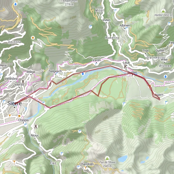 Zemljevid v pomanjšavi "Gravel od Leuka do Veyrasa" kolesarske inspiracije v Région lémanique, Switzerland. Generirano z načrtovalcem kolesarskih poti Tarmacs.app