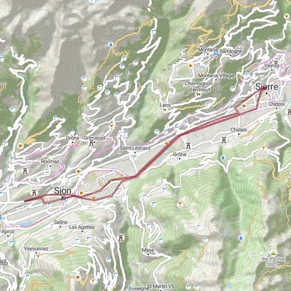 Miniatua del mapa de inspiración ciclista "Ruta de Grava alrededor de Sierre" en Région lémanique, Switzerland. Generado por Tarmacs.app planificador de rutas ciclistas