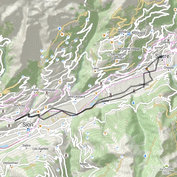 Zemljevid v pomanjšavi "Kolesarska pot Sierre - Chalais - Mont d'Orge - Sion" kolesarske inspiracije v Région lémanique, Switzerland. Generirano z načrtovalcem kolesarskih poti Tarmacs.app