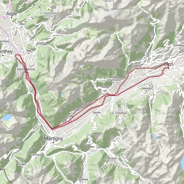 Mapa miniatúra "Gravel trasa cez Mont d'Orge a Saillon" cyklistická inšpirácia v Région lémanique, Switzerland. Vygenerované cyklistickým plánovačom trás Tarmacs.app