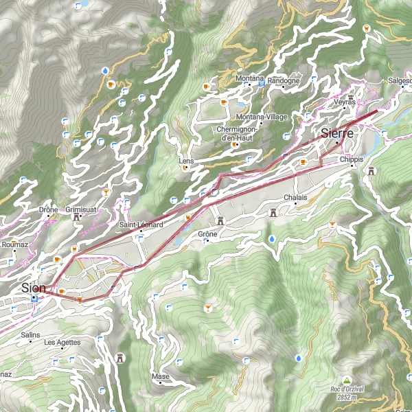 Miniature de la carte de l'inspiration cycliste "Exploration des villages valaisans" dans la Région lémanique, Switzerland. Générée par le planificateur d'itinéraire cycliste Tarmacs.app