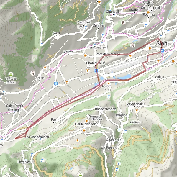 Miniatura della mappa di ispirazione al ciclismo "In bici da Sion a Vétroz" nella regione di Région lémanique, Switzerland. Generata da Tarmacs.app, pianificatore di rotte ciclistiche