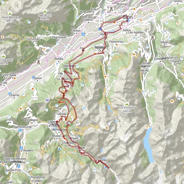 Mapa miniatúra "Gravel bike adventure in Valais Alps" cyklistická inšpirácia v Région lémanique, Switzerland. Vygenerované cyklistickým plánovačom trás Tarmacs.app