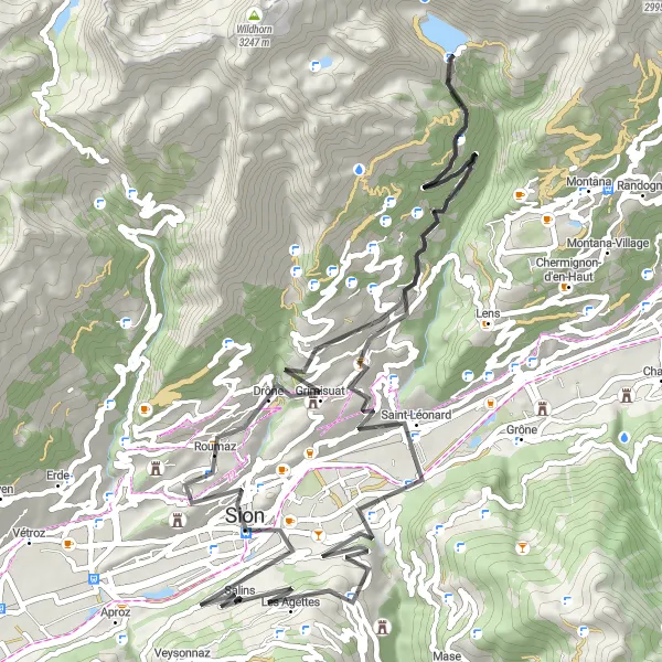 Map miniature of "Sitten - Mont d'Orge Loop" cycling inspiration in Région lémanique, Switzerland. Generated by Tarmacs.app cycling route planner