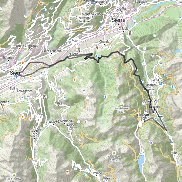 Kartminiatyr av "Grône - Grimentz - Sion" sykkelinspirasjon i Région lémanique, Switzerland. Generert av Tarmacs.app sykkelrutoplanlegger