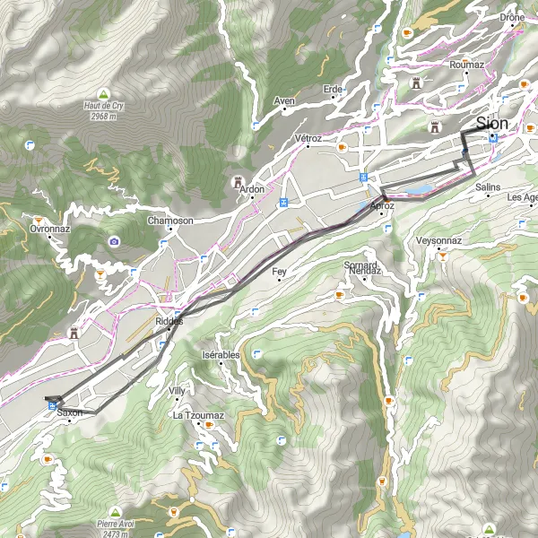 Miniaturní mapa "Cyklistická trasa od Sitten - Saxon - Aproz" inspirace pro cyklisty v oblasti Région lémanique, Switzerland. Vytvořeno pomocí plánovače tras Tarmacs.app