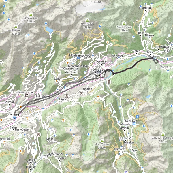 Map miniature of "Sion and Leuk Circuit" cycling inspiration in Région lémanique, Switzerland. Generated by Tarmacs.app cycling route planner