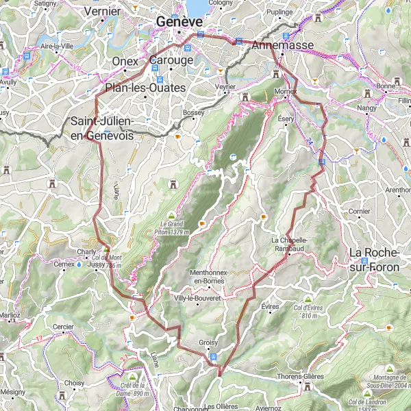 Miniatua del mapa de inspiración ciclista "Ruta de grava a través del Mont Sion" en Région lémanique, Switzerland. Generado por Tarmacs.app planificador de rutas ciclistas