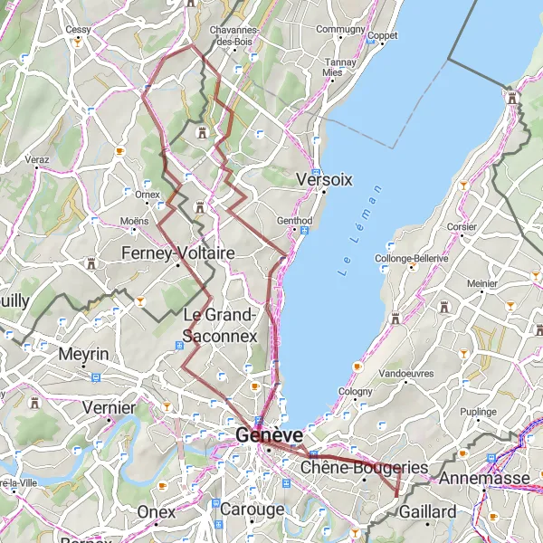 Miniatua del mapa de inspiración ciclista "Ruta de grava con vistas al Mont Blanc" en Région lémanique, Switzerland. Generado por Tarmacs.app planificador de rutas ciclistas
