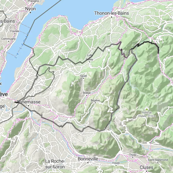 Miniatura della mappa di ispirazione al ciclismo "Giro in bici da Thônex al Quai des Mobilités" nella regione di Région lémanique, Switzerland. Generata da Tarmacs.app, pianificatore di rotte ciclistiche