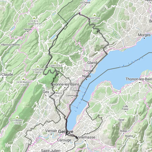 Miniatua del mapa de inspiración ciclista "Gran recorrido por Bois-d'Amont y Nyon" en Région lémanique, Switzerland. Generado por Tarmacs.app planificador de rutas ciclistas