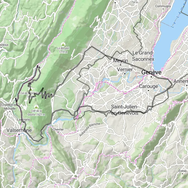 Miniatura mapy "Trasa rowerowa z Thônex do Genewy przez Col de Menthières" - trasy rowerowej w Région lémanique, Switzerland. Wygenerowane przez planer tras rowerowych Tarmacs.app