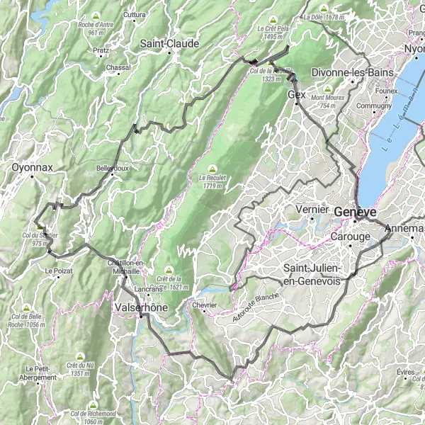 Miniatua del mapa de inspiración ciclista "Desafío de montaña a través de la frontera suiza y francesa" en Région lémanique, Switzerland. Generado por Tarmacs.app planificador de rutas ciclistas