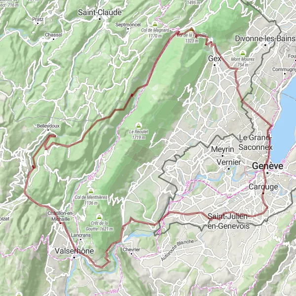 Map miniature of "Jura Gravel Adventure" cycling inspiration in Région lémanique, Switzerland. Generated by Tarmacs.app cycling route planner