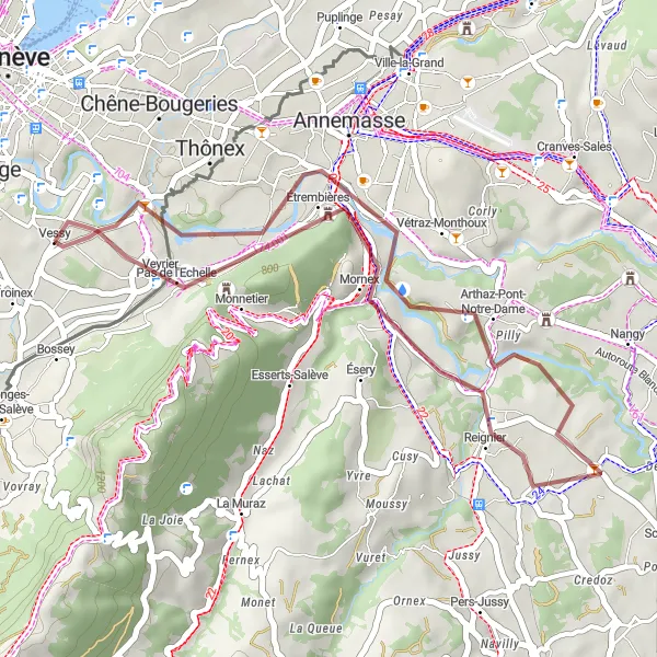 Miniatura della mappa di ispirazione al ciclismo "Giro Gravel da Troinex a Vessy" nella regione di Région lémanique, Switzerland. Generata da Tarmacs.app, pianificatore di rotte ciclistiche