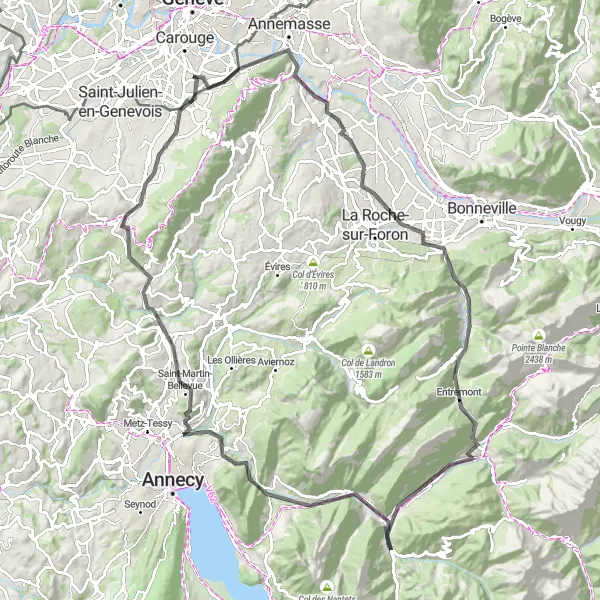 Karten-Miniaturansicht der Radinspiration "Rundfahrt von Troinex nach Bossey und Archamps" in Région lémanique, Switzerland. Erstellt vom Tarmacs.app-Routenplaner für Radtouren