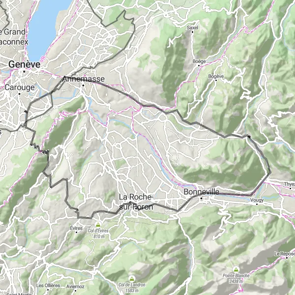 Zemljevid v pomanjšavi "Epic road cycling loop starting in Troinex" kolesarske inspiracije v Région lémanique, Switzerland. Generirano z načrtovalcem kolesarskih poti Tarmacs.app