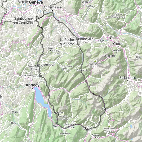 Miniatuurkaart van de fietsinspiratie "Troinex - Étrembières - La Clusaz - Menthonnex-en-Bornes" in Région lémanique, Switzerland. Gemaakt door de Tarmacs.app fietsrouteplanner