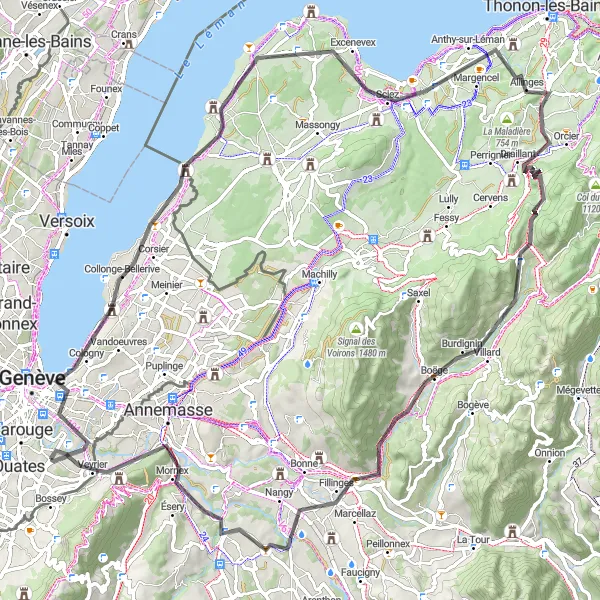 Miniatura mapy "Trasa przez Cologny i Fillinges" - trasy rowerowej w Région lémanique, Switzerland. Wygenerowane przez planer tras rowerowych Tarmacs.app